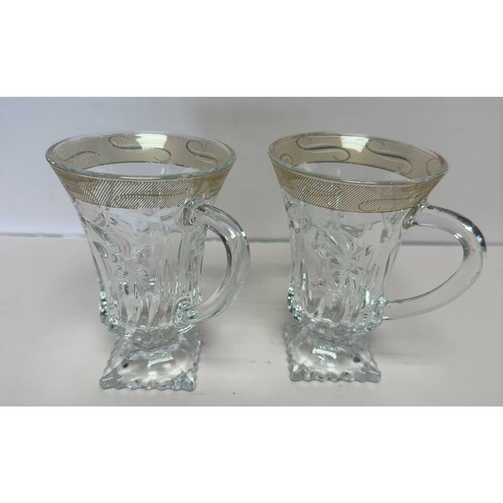Set 2 Alpine Cuisine Glass Mug Gold Filigree Floral Discontinued 5oz Hot Cold